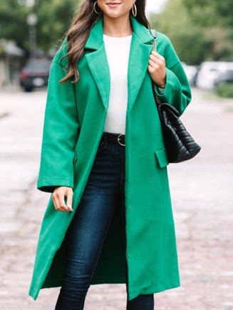 Lapel Solid Color Green Coat