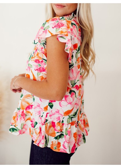 Pink and orange floral pattern pleated top