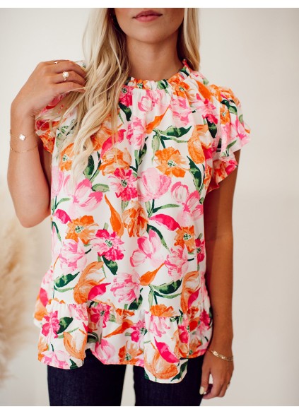 Pink and orange floral pattern pleated top