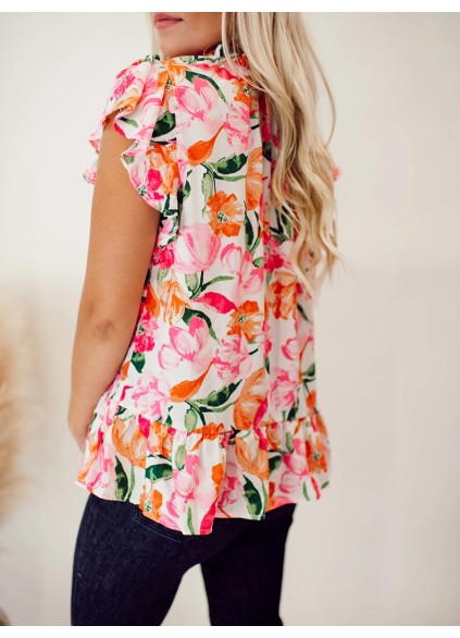 Pink and orange floral pattern pleated top