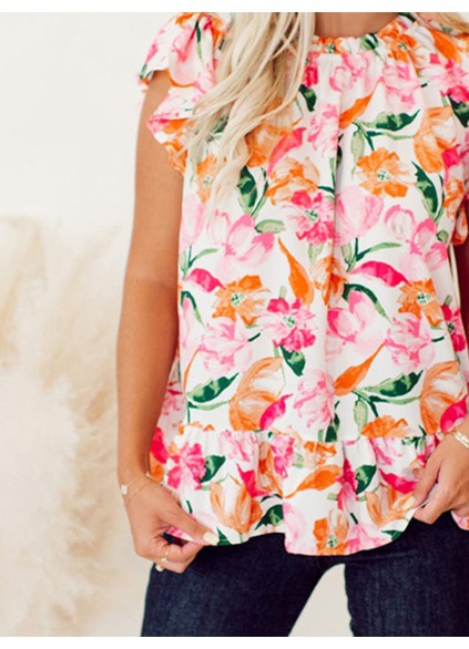 Pink and orange floral pattern pleated top