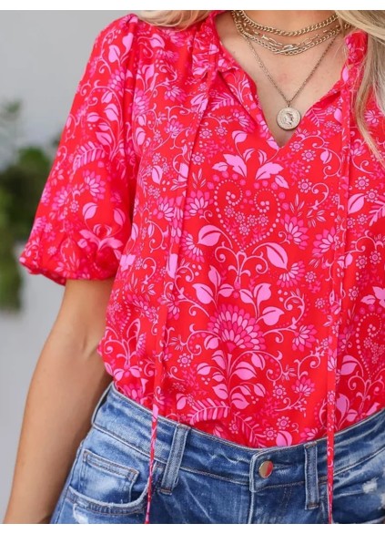 Pink Flower Bubble Sleeve Lace Up Top