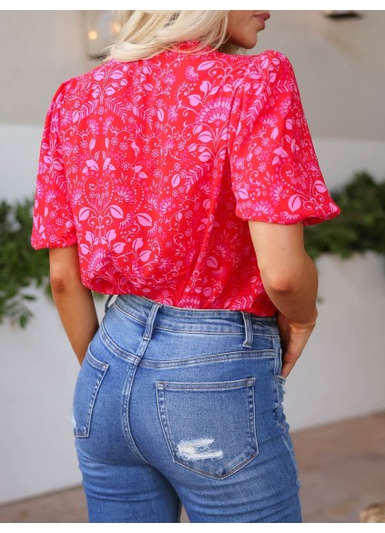 Pink Flower Bubble Sleeve Lace Up Top