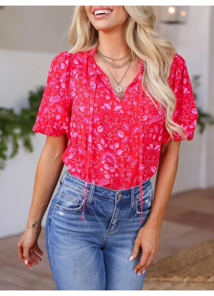 Pink Flower Bubble Sleeve Lace Up Top