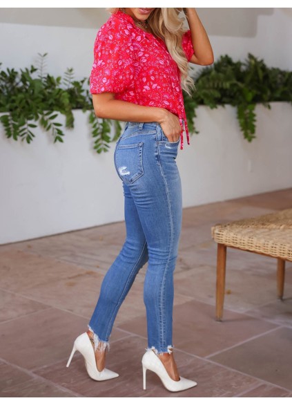 Pink Flower Bubble Sleeve Lace Up Top