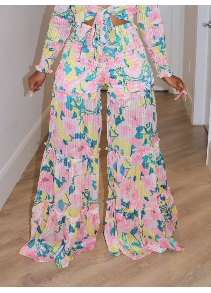 Pink Flower Pattern Strap Top Wide Leg Pants Set