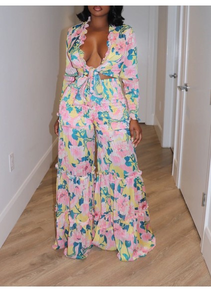 Pink Flower Pattern Strap Top Wide Leg Pants Set
