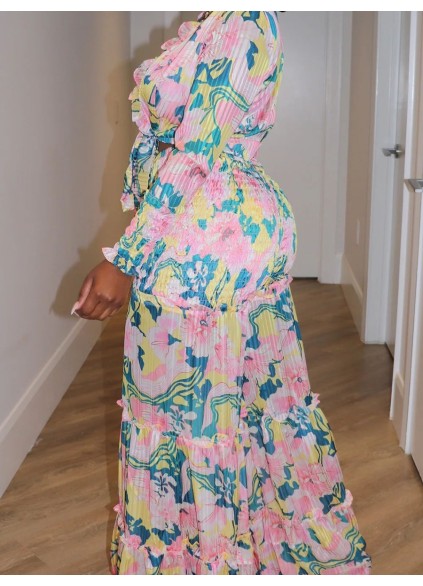 Pink Flower Pattern Strap Top Wide Leg Pants Set