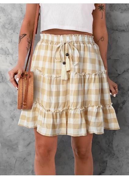 PLAID RUFFLE DECORATION SHIFT CASUAL CUTE SKIRTS