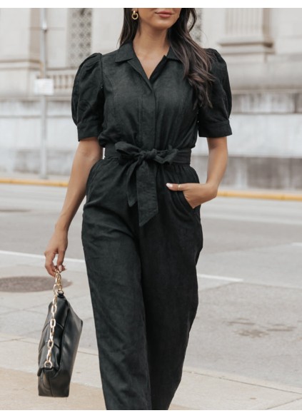 Puffed sleeve lapel romper