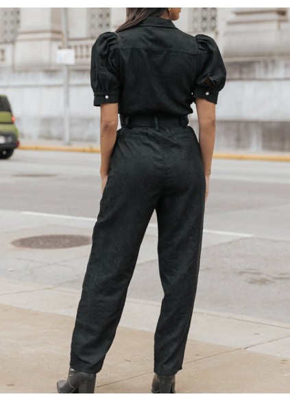 Puffed sleeve lapel romper