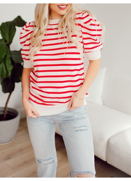 Red striped bubble sleeved sweater top