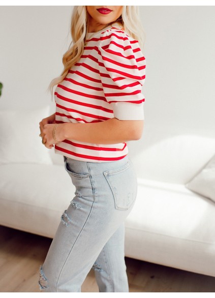 Red striped bubble sleeved sweater top