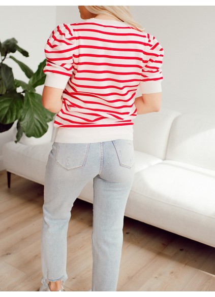 Red striped bubble sleeved sweater top