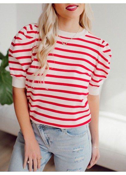 Red striped bubble sleeved sweater top