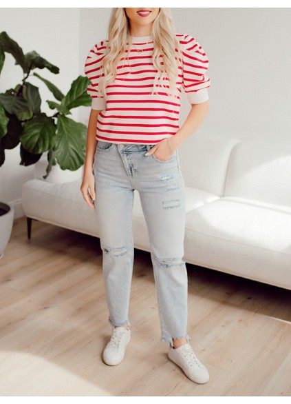 Red striped bubble sleeved sweater top
