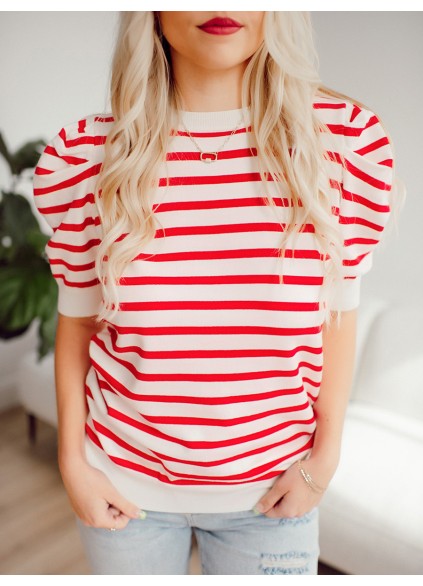 Red striped bubble sleeved sweater top
