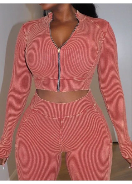 Rib tight zipper top and pants set