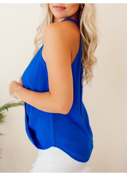 Blue Fine Strap Cross Design Woven Tank Top