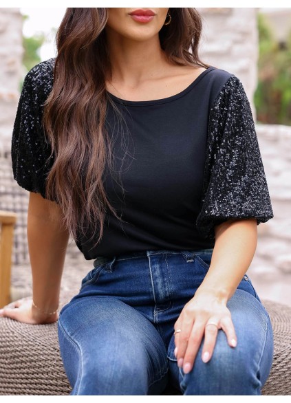 Sequin Bubble Sleeves Round Neck T-shirt
