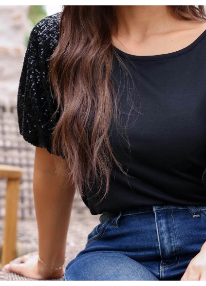 Sequin Bubble Sleeves Round Neck T-shirt