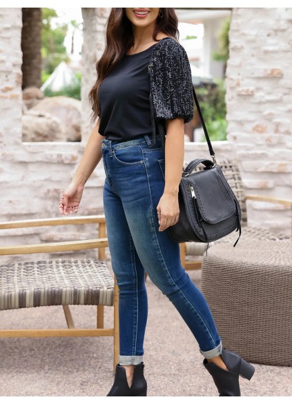Sequin Bubble Sleeves Round Neck T-shirt