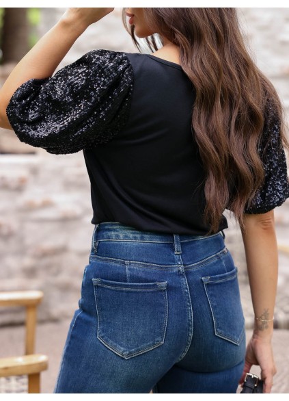Sequin Bubble Sleeves Round Neck T-shirt