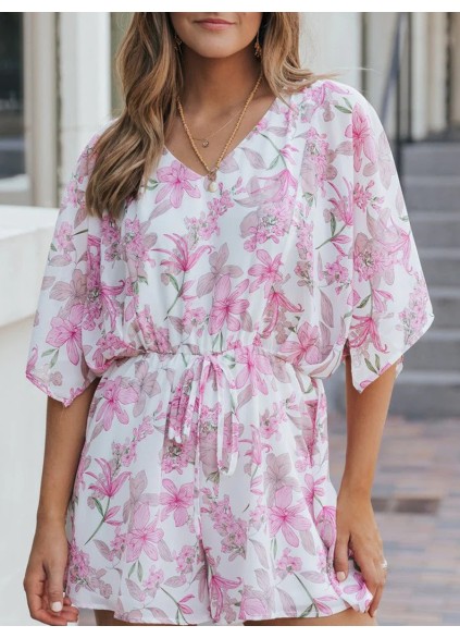 Sexy pink floral waist romper