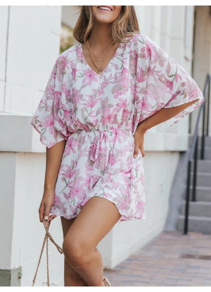 Sexy pink floral waist romper