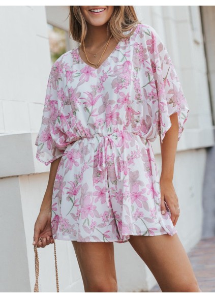 Sexy pink floral waist romper