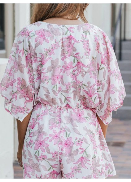 Sexy pink floral waist romper