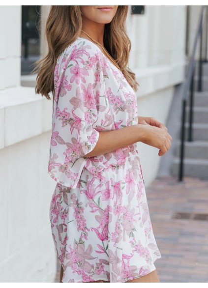 Sexy pink floral waist romper
