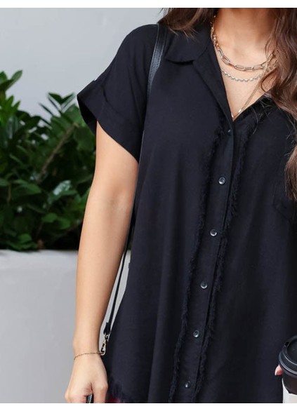 Short sleeved button down ruffled hem shirt