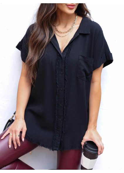 Short sleeved button down ruffled hem shirt