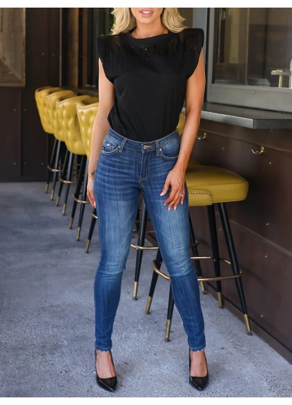 Sleeveless shoulder pad patchwork sequin top