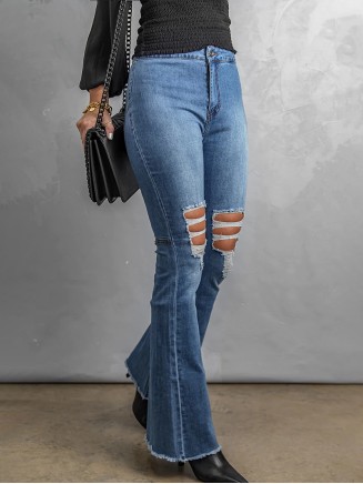 Solid color classic ripped knee jeans