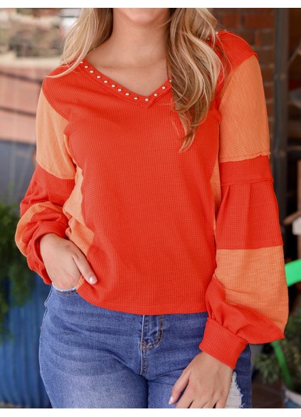 Spliced contrast cut out willow Ding V-neck top