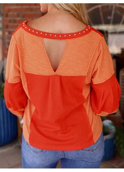 Spliced contrast cut out willow Ding V-neck top