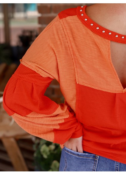 Spliced contrast cut out willow Ding V-neck top