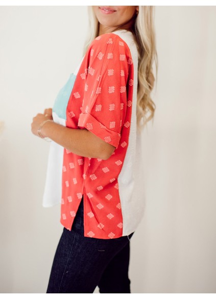 Spliced Contrast Pocket Split Color Block Top