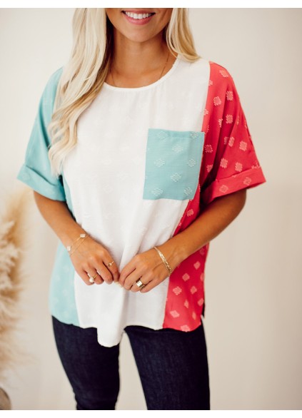 Spliced Contrast Pocket Split Color Block Top