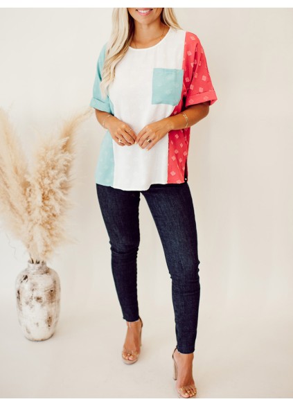 Spliced Contrast Pocket Split Color Block Top