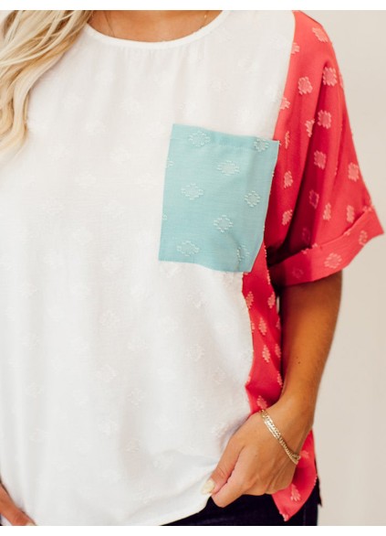Spliced Contrast Pocket Split Color Block Top