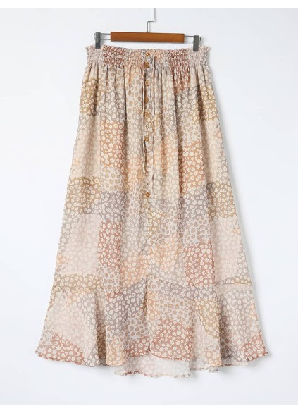 SPLIT BUTTONS DRAWSTRING SHIRRED FLORAL MAXI SKIRT