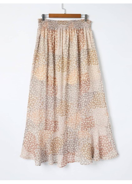 SPLIT BUTTONS DRAWSTRING SHIRRED FLORAL MAXI SKIRT