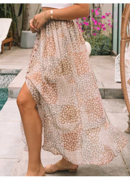 SPLIT BUTTONS DRAWSTRING SHIRRED FLORAL MAXI SKIRT
