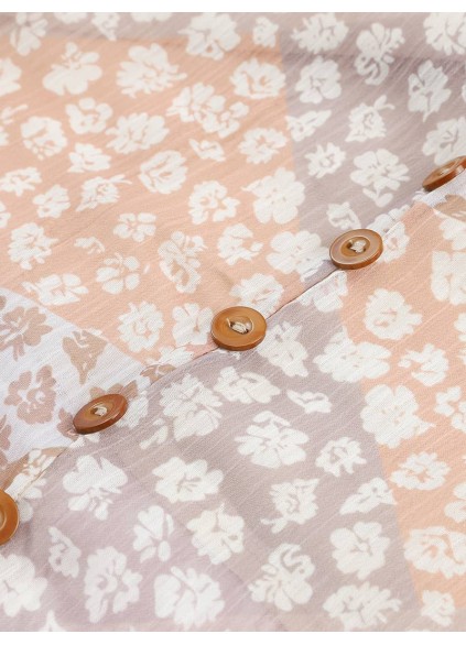 SPLIT BUTTONS DRAWSTRING SHIRRED FLORAL MAXI SKIRT