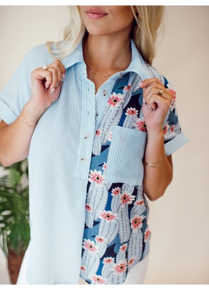 Striped patchwork floral pattern pocket shirt