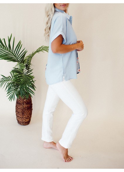 Striped patchwork floral pattern pocket shirt