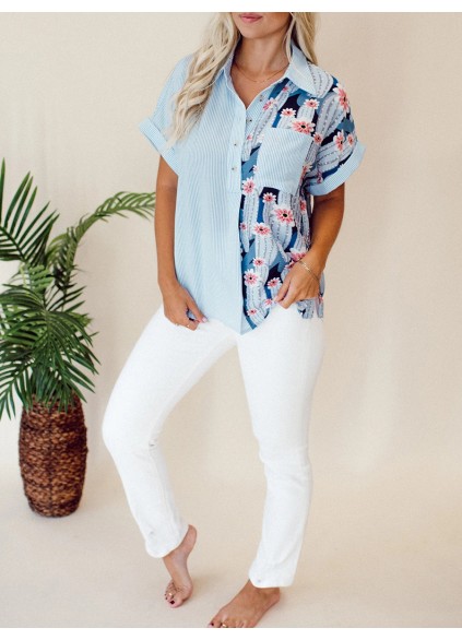 Striped patchwork floral pattern pocket shirt